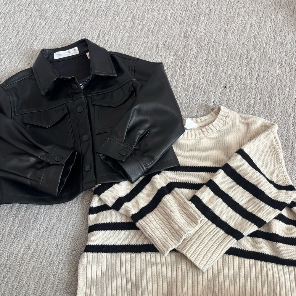 Zara Black Faux Leather Kids' Cropped Jacket bundled with stripe sweater